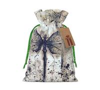 modern dragonfly Printed Christmas Drawstring Bags with Green Christmas Ribbon - Reusable Burlap Drawstring Gift Pouches, S