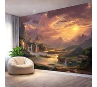 Modern Dreamlike Scenery Mountains Rivers Sunset Clouds Wall Mural, 300 x 210 cm（WxH Non-Woven Wallpaper - Removable Self-Adhesive Winter Landscape for Nursery Living Room & Bedroom Purple