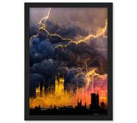 Modern Electric Gold London Skyline In Thunderstorm Artwork Framed Wall Art Print A4 Artery8 Black One Size