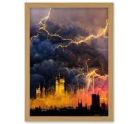 Modern Electric Gold London Skyline In Thunderstorm Artwork Framed Wall Art Print A4 Artery8 Light Oak One Size