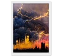 Modern Electric Gold London Skyline In Thunderstorm Artwork Framed Wall Art Print A4 Artery8 White One Size