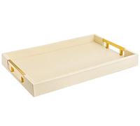 Modern Elegant 18”x12” Rectangle Cream Shagreen Faux Leather Decorative Tray Ottoman Coffee Table with Gold Polished Metal Handles
