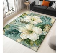 Modern Elegant Hibiscus Area Rug, Extra Large Washable Rug, Soft Touch Short Pile Area Rugs Non-Slip Non Shedding, Cream Green Carpet for Living Room Dining Bedroom Office 60 x 110 cm