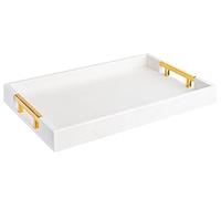 Modern, Elegant Shagreen Coffee Table, 18x12 inches, Rectangular, White Gloss, Serving Tray with Gold Polished Metal Handles by Home Redefined, Redefined for All Occasions