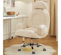 Modern Ergonomic Makeup Stool, Adjustable Height Swivel Vanity Chair with Wheels, Soft White Cotton & Linen Upholstery, Perfect for Dressing Room & Beauty Salon