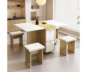 Modern Expandable Dining Table Set with 4 Chairs - Space-Saving White & Oak Design, 120x80x75 cm, Perfect for Small Apartments & Dining Rooms, Multifunctional Furniture