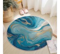 Modern Exquisite Marble Round Rug 150 cm, Blue Gold Washable Non-Slip Circle Rugs, Soft Circular Dining Room Rug Thin Print Flannel Carpet for Bedroom Living Room Office Playroom