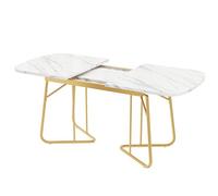 Modern Extendable White Dining Table with Marble Structure Gold Metal Legs Rectangular MDF Top Luxurious & Stable Seats 4-6 Easy Assembly & Maintenance.