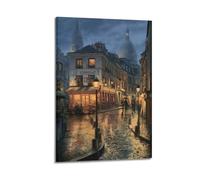 Modern Family Art Wall Canvas Posters-City Landscape Poster On A Rainy Night A Canvas Painting Where Paris - Style Streets And The Sacré - Cœur Basilica Complement Each Other 12x18inch(30x45cm) Frame-