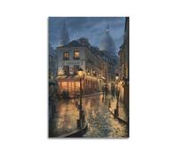 Modern Family Art Wall Canvas Posters-City Landscape Poster On A Rainy Night A Canvas Painting Where Paris - Style Streets And The Sacré - Cœur Basilica Complement Each Other 12x18inch(30x45cm) Unfram