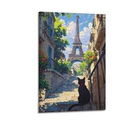 Modern Family Art Wall Canvas Posters-City Poster A Black Cat Looks at The Eiffel Tower from A Flower - Lined Stairway Charming Paris Art 20x30inch(50x75cm) Frame-style