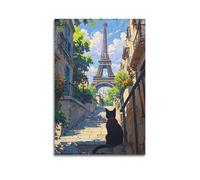 Modern Family Art Wall Canvas Posters-City Poster A Black Cat Looks at The Eiffel Tower from A Flower - Lined Stairway Charming Paris Art 16x24inch(40x60cm) Unframe-style