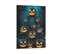 Modern Family Art Wall Canvas Posters-Halloween Poster Various Glowing Jack - O'- Lanterns on Wooden Ladder, Halloween Decor Creating A Mysterious Festival Atmosphere 16x24inch(40x60cm) Frame-style