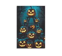 Modern Family Art Wall Canvas Posters-Halloween Poster Various Glowing Jack - O'- Lanterns on Wooden Ladder, Halloween Decor Creating A Mysterious Festival Atmosphere 16x24inch(40x60cm) Unframe-style