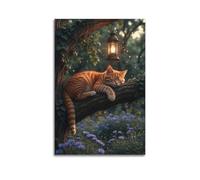 Modern Family Canvas Wall Art Decor Posters- Animal Poster Orange Cat Sleep Tree Night Decorative Painting 08x12inch(20x30cm) Unframe-style