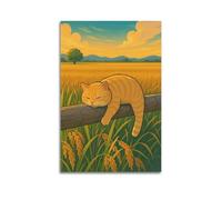 Modern Family Canvas Wall Art Decor Posters- Animal Poster Sleeping Orange Cat in Rice Field Healing Canvas Decor 16x24inch(40x60cm) Unframe-style