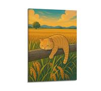 Modern Family Canvas Wall Art Decor Posters- Animal Poster Sleeping Orange Cat in Rice Field Healing Canvas Decor 16x24inch(40x60cm) Frame-style