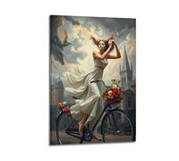 Modern Family Canvas Wall Art Decor Posters- Character Poster A Woman in A White Dress Riding A Bicycle Is Suitable for Promoting Literary Activities Conveying A Sense of Romance And Freedom And Touch