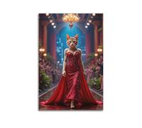 Modern Family Canvas Wall Art Decor Posters- Humorous Poster Cat in Red Gown Funny Image Show Playful Charm Decorative Painting 16x24inch(40x60cm) Unframe-style
