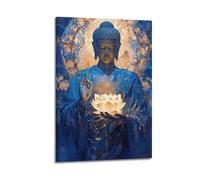 Modern Family Canvas Wall Art Decor Posters- Religious Poster Blue Buddha Lotus Lamp Conveying Quiet Serenity Solemn Decorative Art 12x18inch(30x45cm) Frame-style