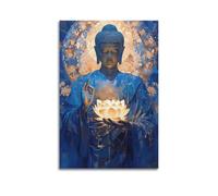 Modern Family Canvas Wall Art Decor Posters- Religious Poster Blue Buddha Lotus Lamp Conveying Quiet Serenity Solemn Decorative Art 12x18inch(30x45cm) Unframe-style