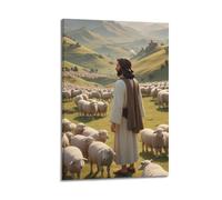 Modern Family Canvas Wall Art Decor Posters- Religious Poster Shepherd with Sheep Peaceful Image Show Calm Charm Decorative Painting 24x36inch(60x90cm) Frame-style