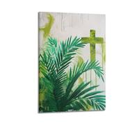 Modern Family Posters Wall Art Bedroom Decor - Christian Posters Green Cross with Palm Leaves in Abstract Art Style Canvas Prints Artwork 16x24inch(40x60cm) Frame-style