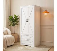 Modern Farmhouse 2-Door White Wardrobe, Barn-Style X Panel Closet Armoire with 2 Storage Drawers & Hanging Rail, 68x48x166cm