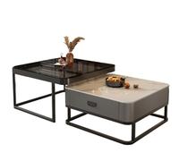 Modern Farmhouse Coffee Table Set - Small End with Metal e Storage Drawer & Tempered Glass Stylish Living Room Furniture