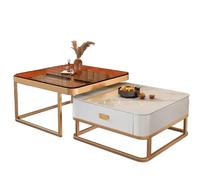 Modern Farmhouse Coffee Table Set White Tempered Glass & Metal Frame Stylish End Table with Storage & Drawer Perfect for Living Room Decor.