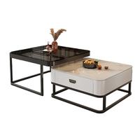 Modern Farmhouse Coffee Table Set with Storage Small End Table & Drawer Tempered Glass Top Metal Frame - Stylish Living Room Furniture (White)