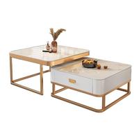 Modern Farmhouse Coffee Table Set with Storage - Small End Table & Drawer Tempered Glass Top Metal Frame - Stylish Living Room Furniture (White A)