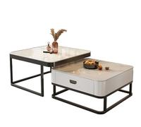 Modern Farmhouse Coffee Table Set with Storage Small End Table with Metal Frame Tempered Glass Coffee Tables for Living Room Drawer Included White Finish
