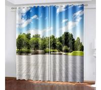 Modern Farmhouse Curtains, Neutral Drapes for Living Room Blue Green Grey Trees and Sky Landscape Polyester 2 Panels 68x90inch