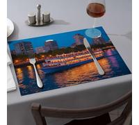 Modern Farmhouse Decor A Brightly Lit Boat Sails On A River At Dusk, Reflecting Colorful Lights In The Water Dining Place Mats Western Party Decorations Table Runner(4PCS)