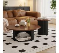 Modern Farmhouse Round Coffee Table Set of 2 - Solid Wood Center Table with Storage for Living Room Bedroom Balcony & Yard - Walnut Color 27.5in/70cm Minimalist Design