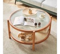 Modern Farmhouse Round Coffee Table with Storage Shelf - 80cm Glass Top Easy Assembly for Living Room Rattan & Wood Black & Natural Finish Stylish & Functional