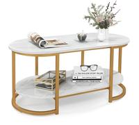 Modern Faux Marble Coffee Table - 2-Tier Rectangular with Gold Metal Frame, White Marble, 100x50x45 cm