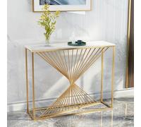 Modern Faux Marble Entryway Table with Geometric Metal Frame, Sleek Narrow Long Sofa Accent Table for Living Room, Hallway, Entrance