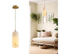 Modern Faux Marble Pendant Light, Cylinder Glass Hanging Light, Gold Brass Single Drop Light, Adjustable Height, Contemporary Nordic Ceiling Light for Kitchen Dining Room Island, Bedroom Living Room