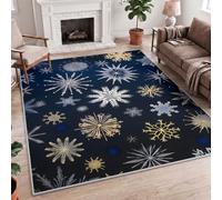 Modern Festive Geometric Snowflake Print Area Rug 180 x 240 cm - Foldable, Low-Pile Non-Slip Carpet, Stain & Fade-Resistant, Easy to Clean, Living Room, Bedroom, Dining Room, Orangery - Blue & Gold