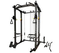 Modern Fitness Multi Function Power Squat Rack, Power Cage with Adjustable Cable Crossover System and More Training Attachment, All-in-One Squat Rack with Dual Pulley System, Weight Cage
