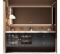 Modern Floating Bathroom Vanity with Sink & Mirror CabinetLED Lights OneTouch Defogging 2 Drawers Black Finish 150cm/60inStylish SpaceSaving Design