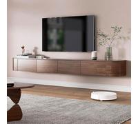 Modern Floating TV Stand with LED Lights Wall-Mounted Media Console Solid Wood Entertainment Unit with Cabinets & Shelves Large 200cm Walnut TV Cabinet for Living Room