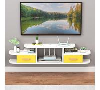 Modern Floating TV UnitWallMounted Media Console with Drawers Farmhouse Style Wooden TV Stand for Living Room White & Yellow 140x24x18.5cm SpaceSaving Design