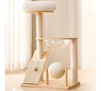 Modern Floor to Ceiling Cat Tower, 3 Tier Wood Cat Tree with Sisal Hemp Balls, Ramp Scratching Pad, Bed and Space Capsule