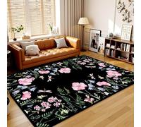 Modern Floral Area Rug, 180x230cm, Boho Pink Camellia Purple Flowers Dragonfly Insect Print Rugs for Bedroom Girls, Anti-Skip Low Pile Spring Home Decor Carpet for Living Room