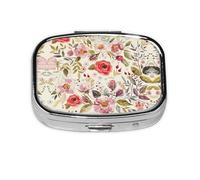 Modern Floral Print Square Metal Pill Box Decorative Pill Case - Carry Your Meds in Style (Rectangular)