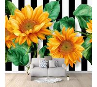 Modern Floral Sunflower Leaves Stripes Wall Mural Multicolor 400 x 280 cm - Premium Non-Woven Large Photo Wallpaper for Teenage Boys Bedroom, Living Room, Office Feature Wall Decoration
