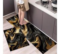 Modern Flowing Art Kitchen Rug Sets 2 Pieces, Washable Kitchen Mats for Floor, Non Slip Liquid Gold Leaf Marble Kitchen Area Rug Floor Mat for Laundry Room and Hallway (Black, 40x60cm+40x120cm )